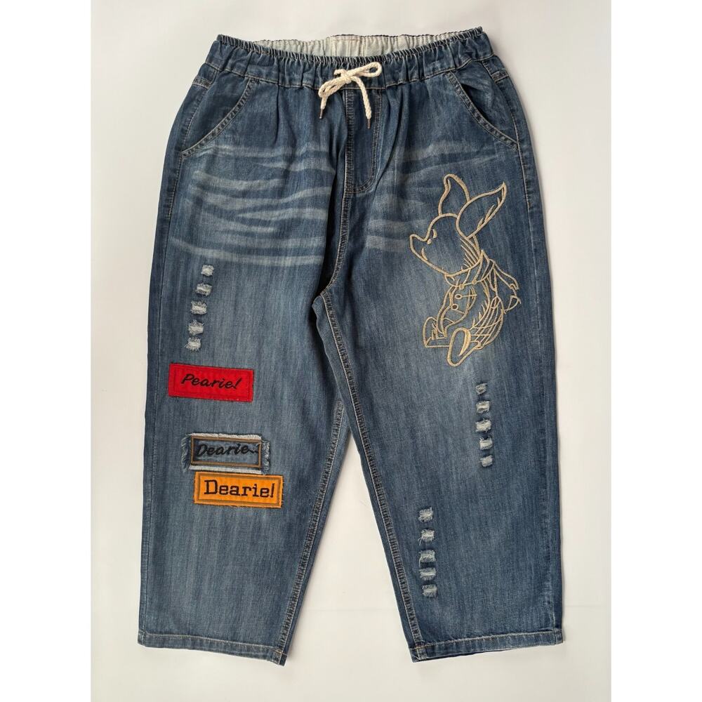 Distressed Denim Jeans Piglet Patched Elastic Waist S Cottagecore Boho Whimsical